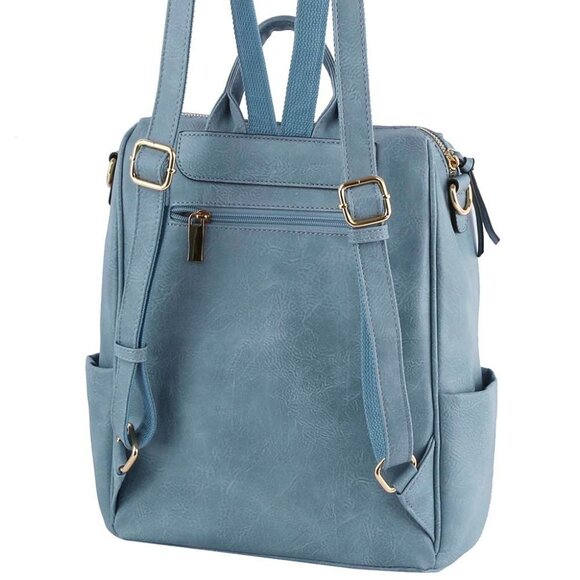 DIONA J WOMEN\'S VEGAN LEATHER CONVERTIBLE HANDLE ZIPPER BACKPACK COLOR BLUE main image 4